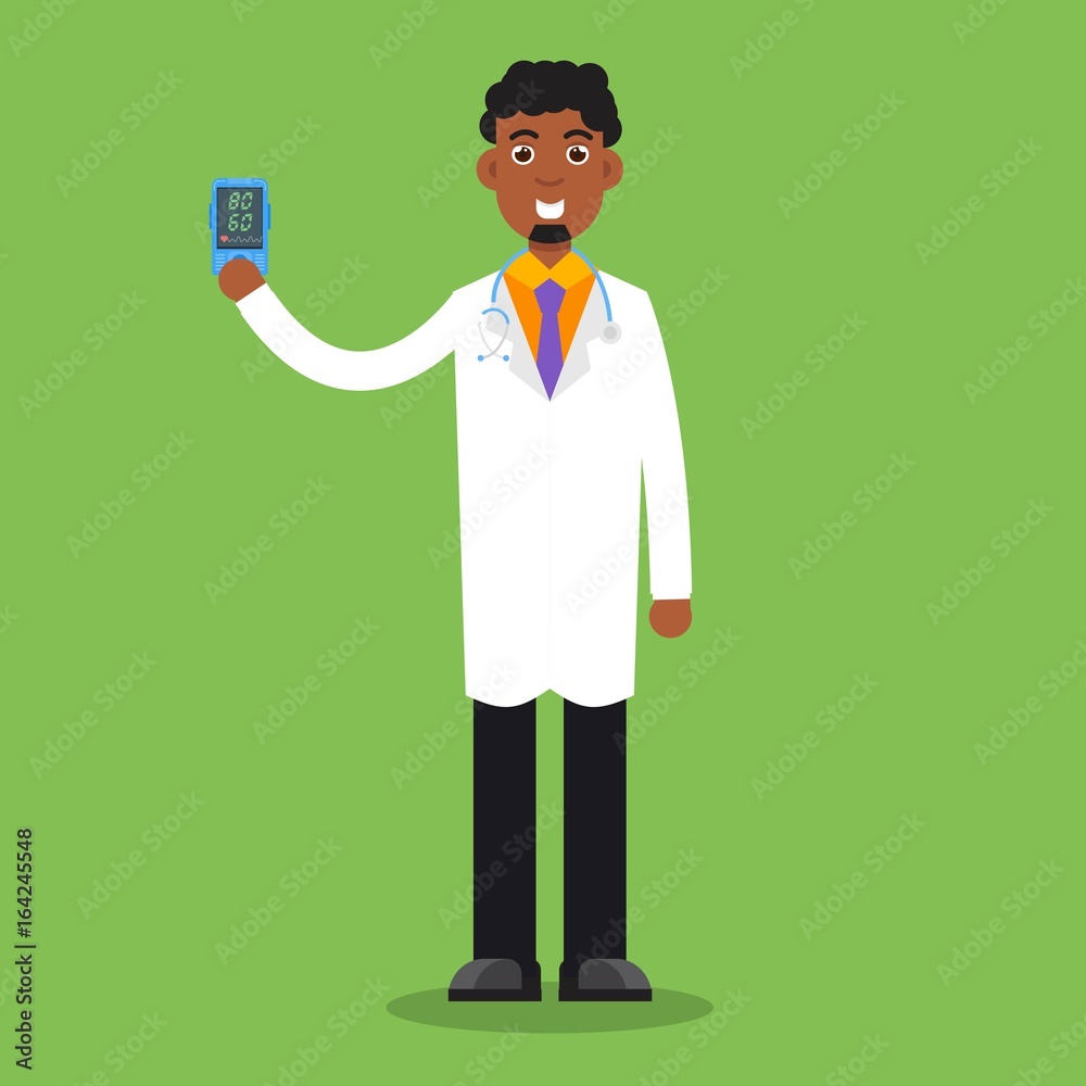 Doctor hold Pulse oximeter in hand. Measuring heart rate app. Vector illustration.