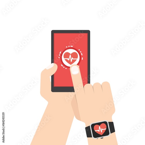 Measuring heart rate, Smart phone, Smar twatch application. Vector illustration.
