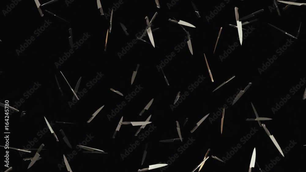 Looping 3d animation featuring falling shiny kitchen knives against a dark background.
Looping 3d animation featuring falling shiny kitchen knives against a dark background.