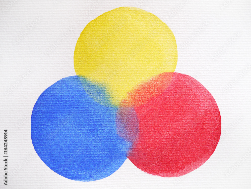 3 primary colors, blue red yellow watercolor painting circle round on ...
