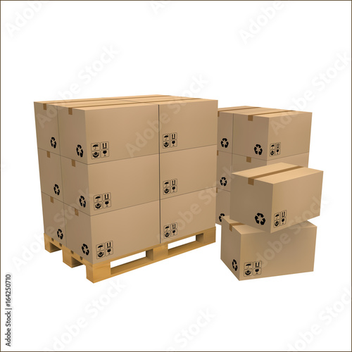 Brown carton delivery packaging box with fragile signs on wooden pallet isolated on white background vector illustration.