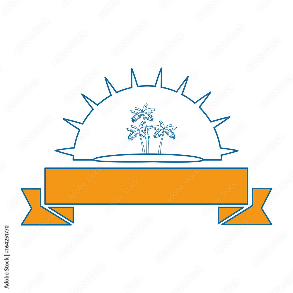 emblem with tropical palms and ribbon icon over white background vector illustration emblem with tropical palms and ribbon icon over white background vector illustration