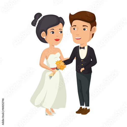cartoon happy wedding couple icon over white background vector illustration