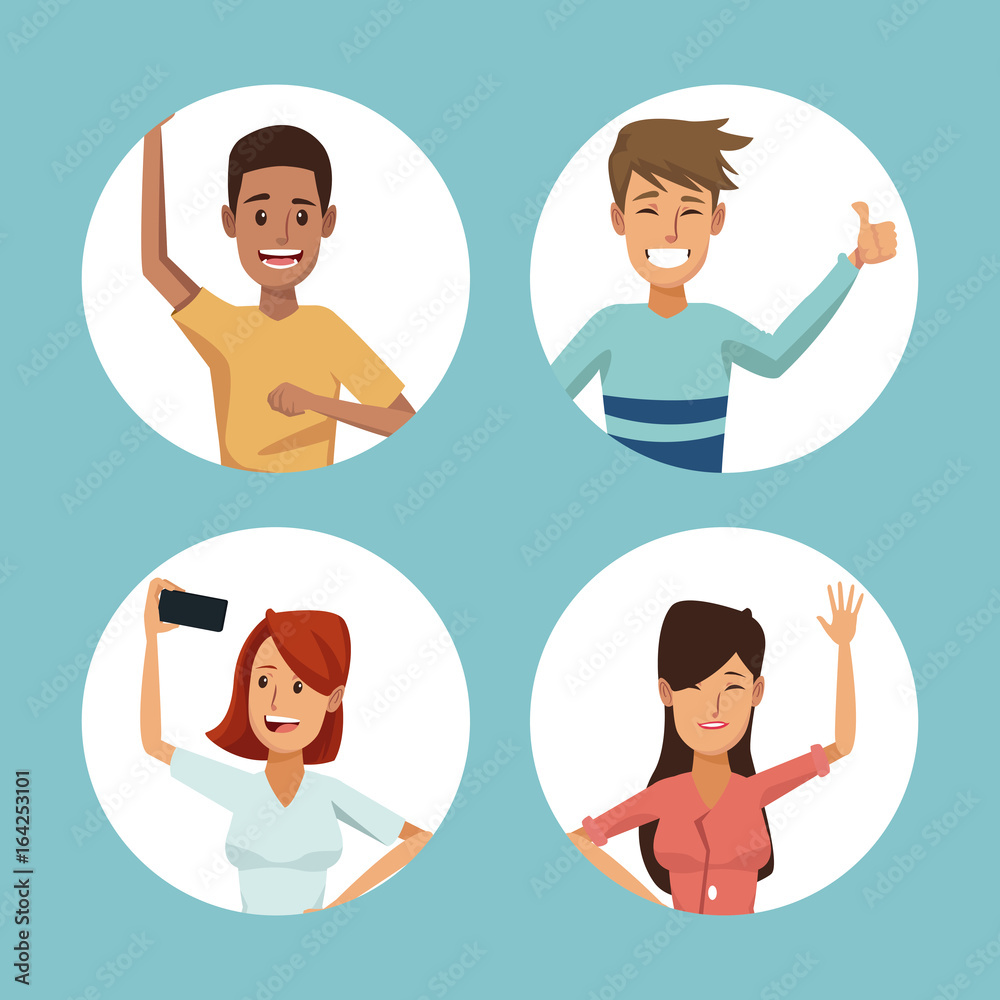 blue background with colorful round frames with men and women friends posing blue background with colorful round frames with men and women friends posing