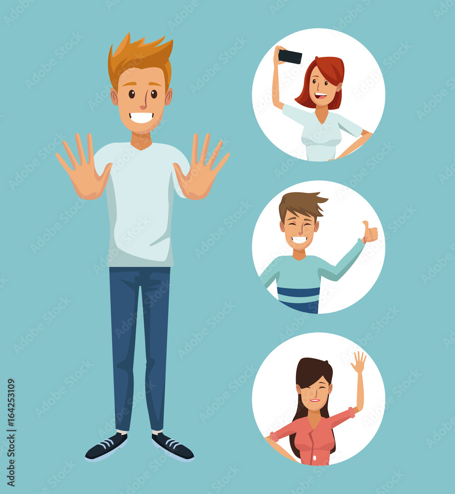blue background with colorful man in closeup and friends in round frames posing blue background with colorful man in closeup and friends in round frames posing