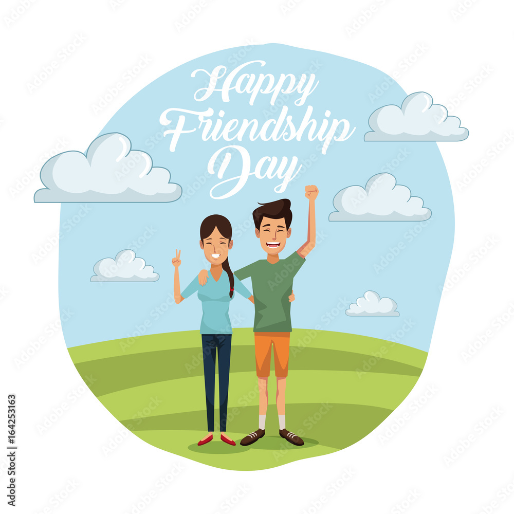 colorful card of happy friendship day with couple outdoors in sunny day and her with long hair and him in short pants