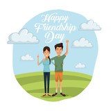 colorful card of happy friendship day with couple outdoors in sunny day and her with long hair and him in short pants