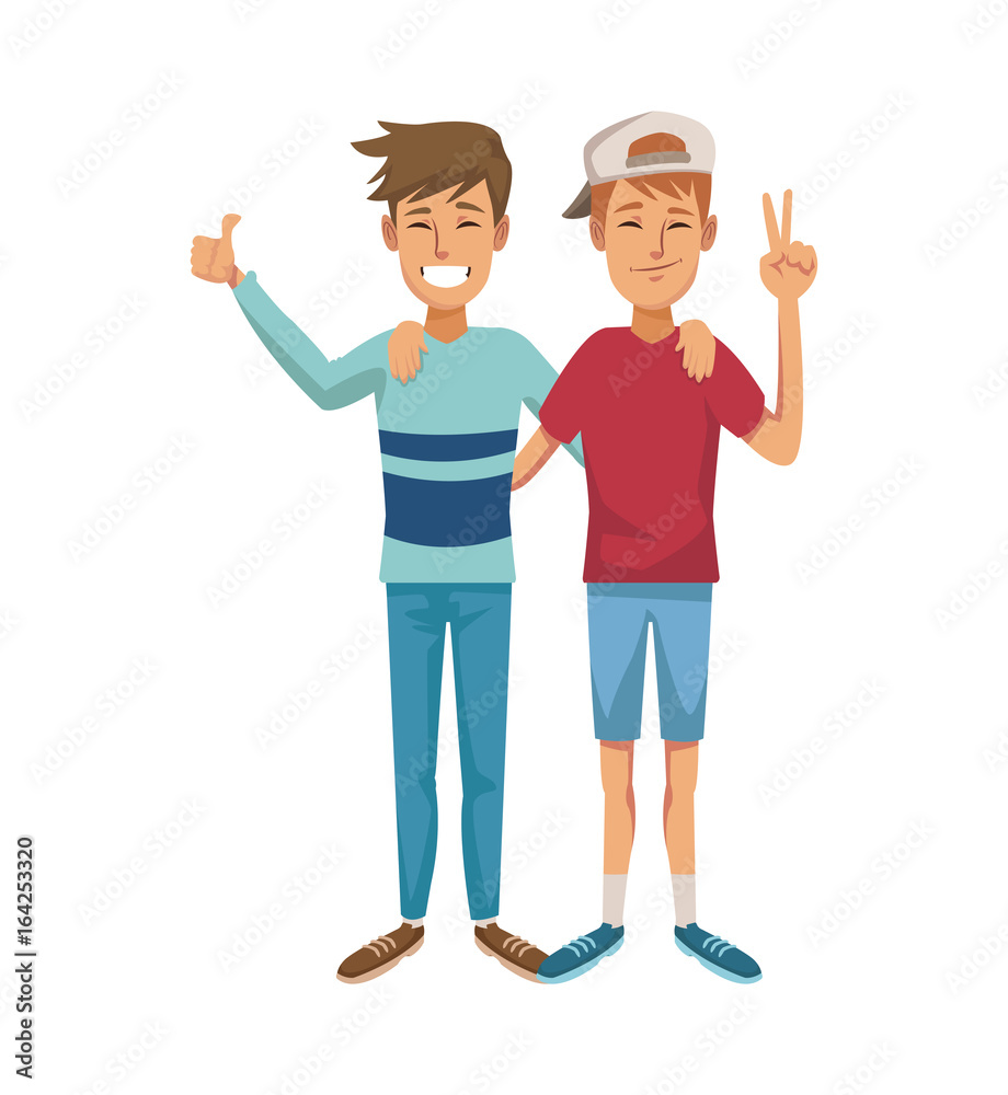white background with color graphic of couple of caucasian male friends posing white background with color graphic of couple of caucasian male friends posing