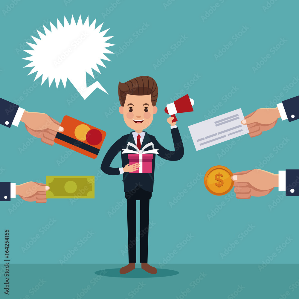 color background of executive man with gift and megaphone and hands holding a items payment color background of executive man with gift and megaphone and hands holding a items payment