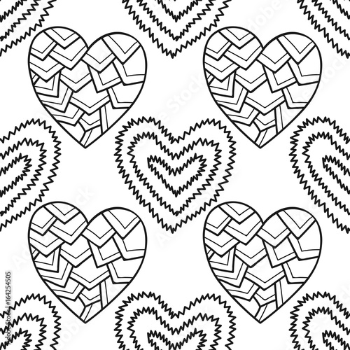 Decorative hearts. Black and white seamless illustration, pattern for coloring book, page