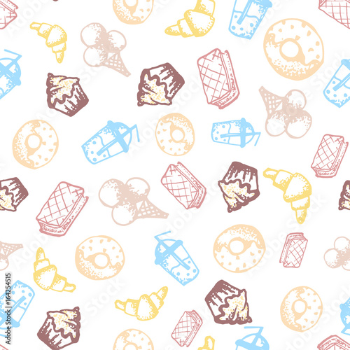 Food hand-drawn sketch line icons seamless pattern on white background