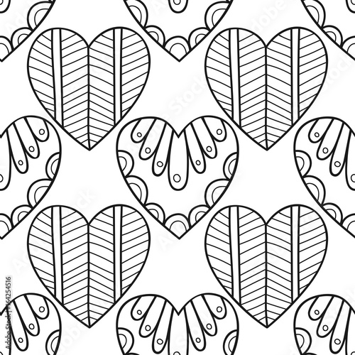 Decorative hearts. Black and white seamless illustration, pattern for coloring book, page