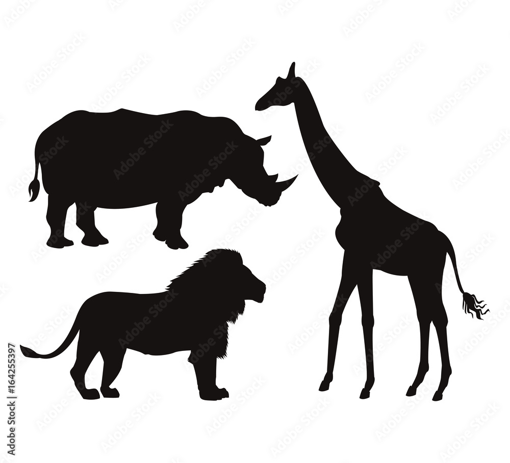 white background with set black silhouette of wild african animals