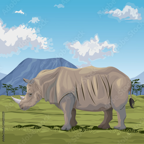 colorful scene african landscape with rhino standing