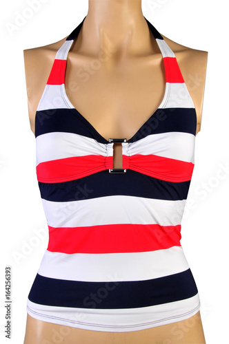 Striped blouse (sleeveless T-shirt) is on white background.Colored T-shirt top