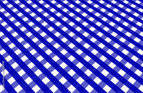 Close up of empty blue checkered tablecloth in perspective, with copy space.