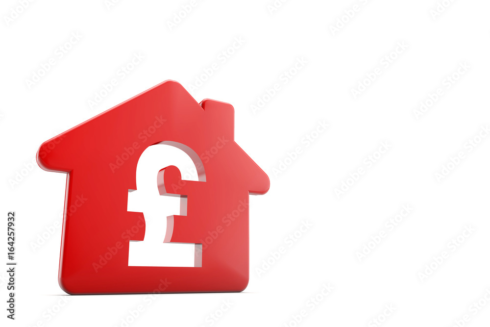A red house with a pound sterling symbol. Housing price concept. 3D Rendering A red house with a pound sterling symbol. Housing price concept. 3D Rendering