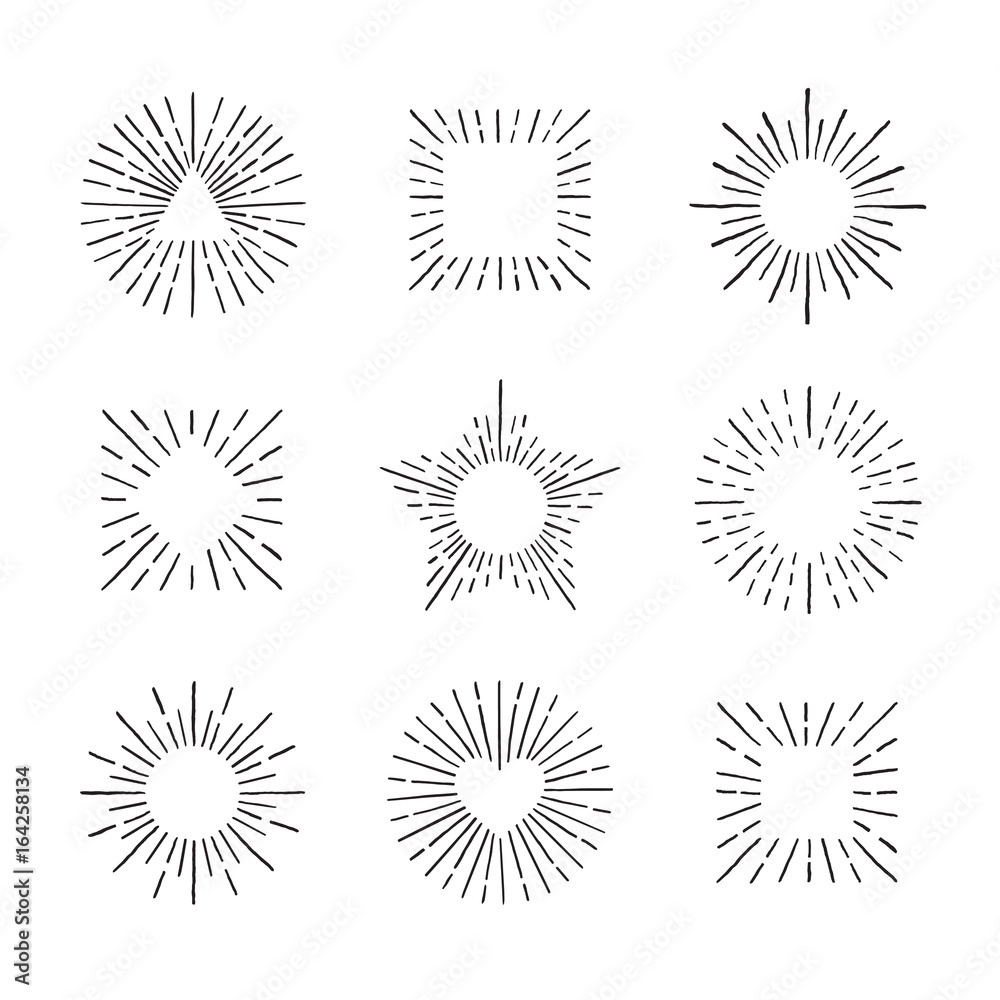 Fototapeta premium Sunburst ink hand drawn vector set. Part two.