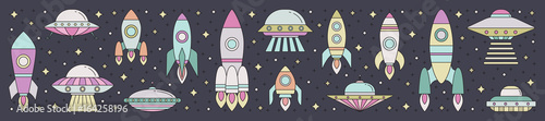 Space transportation outline horizontal illustration.