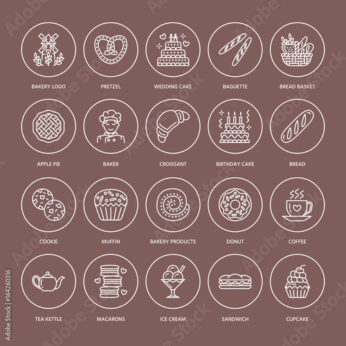 Bakery, confectionery line icons. Sweet shop products cake, croissant, muffin, pastry cupcake, pie Food thin linear signs.