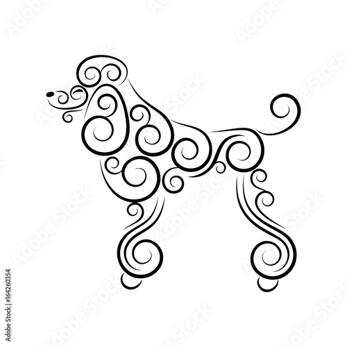 Openwork smiling dog silhouette made of separate elements spirals and swirls. Stylized curly poodle. Symbol of the year 2018. Vector illustration.