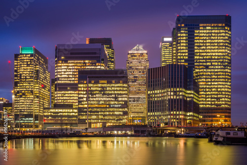 London  England - The skyscrapers of Canary Wharf  the famous financial district of London at blue hour