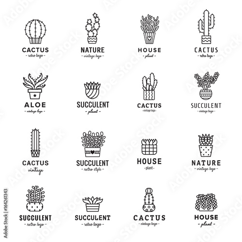 Succulents and cacti black logo vector set.