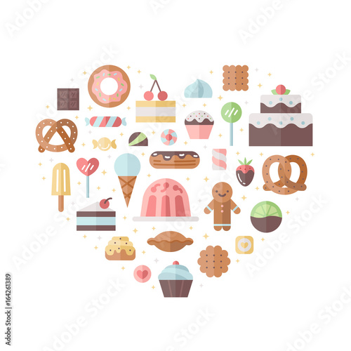 Sweets and pastries flat vector heart illustration.
