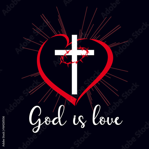 God is love inscription emblem. Bible vector lettering John 4:8 "God is love" typographic and cross in heart shape on beams
