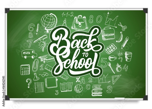 School hand drawn doodle sketch on realistic green chalkboard with back to school lettering. Vector illustration.