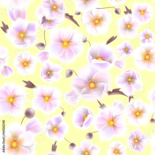 Seamless soft pattern with anemones  small flowers and brown twigs in vintage watercolor style  vector illustration.