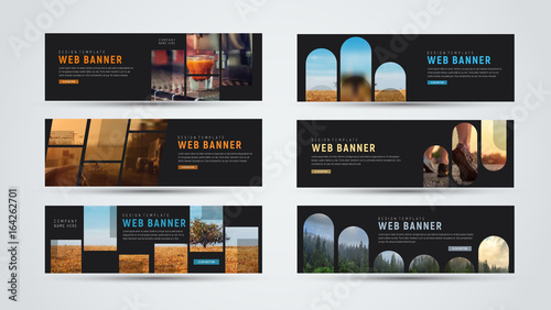 set of black horizontal web banners of standard size with different geometric elements photo