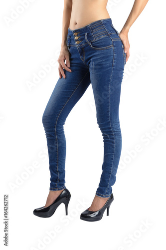 Sexy woman is wearing blue jeans.