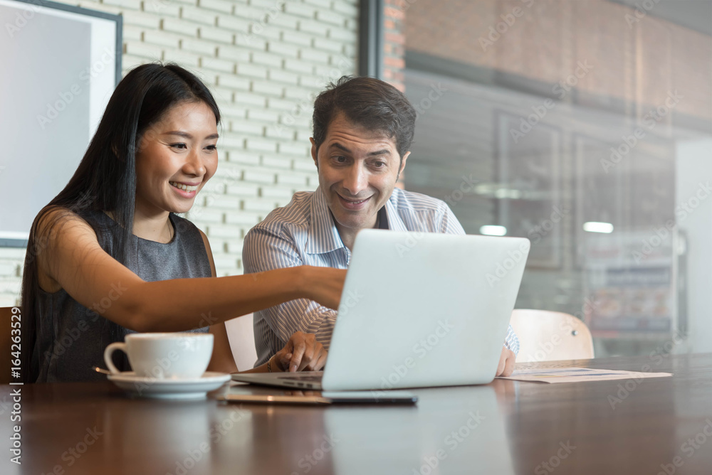 Two people meeting and discuss in coffee shop, freelance work style, outdoor business meeting Two people meeting and discuss in coffee shop, freelance work style, outdoor business meeting