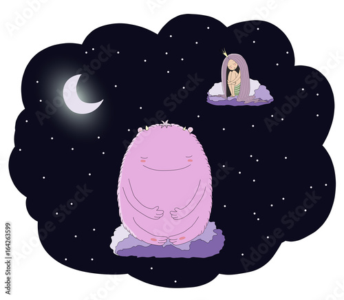 Hand drawn vector illustration of a sleeping princess and cute monster floating on the clouds among the stars under the moo