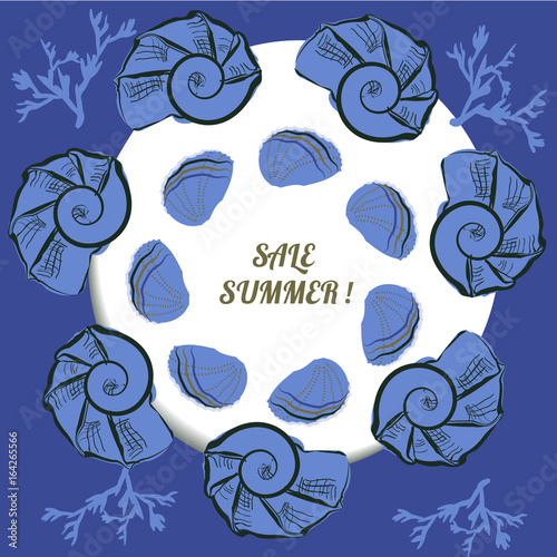Vector Summer hand drawn template made on blue ocean colors with hand painted seashell  sea coral  circle frame. design wreath