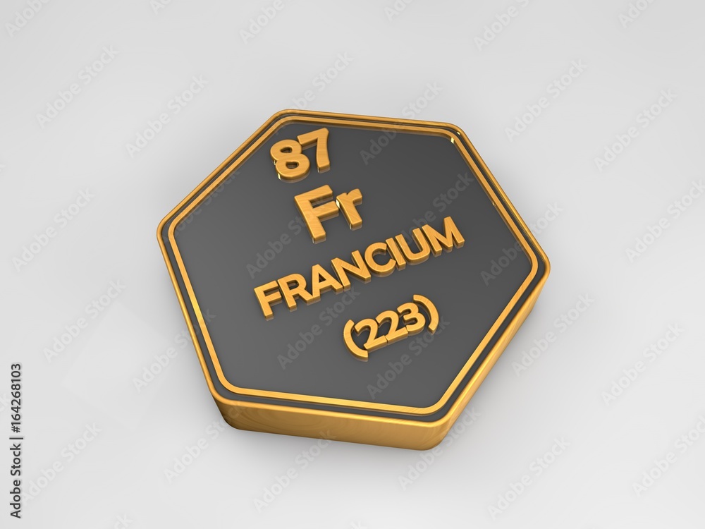 Francium - Fr - chemical element periodic table hexagonal shape 3d render