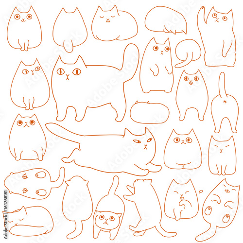 cute cats posing doodle line art set