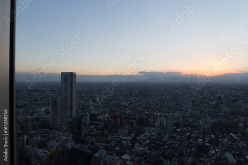 Sunset sky and dark city view through glass of Tokyo Metropolitan Government Building observation © Punyaphat
