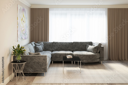 3d rendering of a modern living room with a gray sofa 1