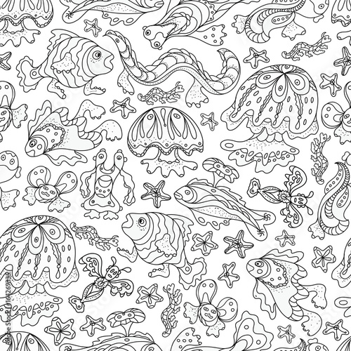 A pattern of fancy whimsical sea creatures, for to paint. Doodle Style. Vector illustration.