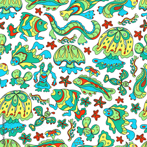 A pattern of fancy whimsical sea creatures, for to paint. Doodle Style. Vector illustration.