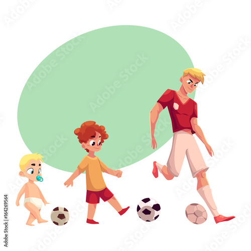 Baby, kid and adult soccer player playing football, sport for all ages, cartoon vector illustration with space for text. Professional soccer player, little boy and baby playing football
