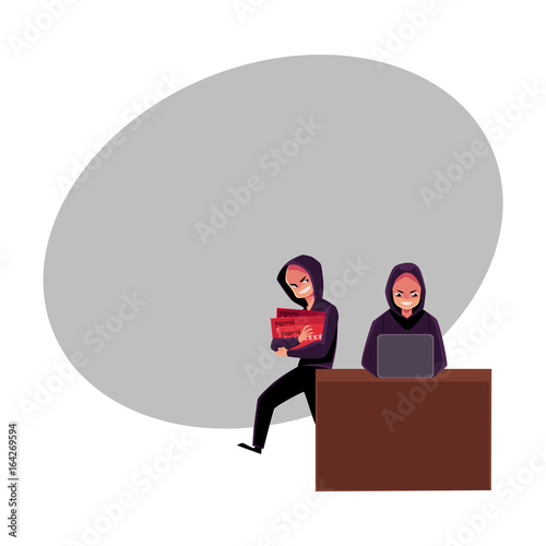Hacker using laptop for cybercrime, breaking pin code, stealing money from credit card, cartoon vector illustration with space for text. laptop hacking, breaking, cracking, credit card fraud