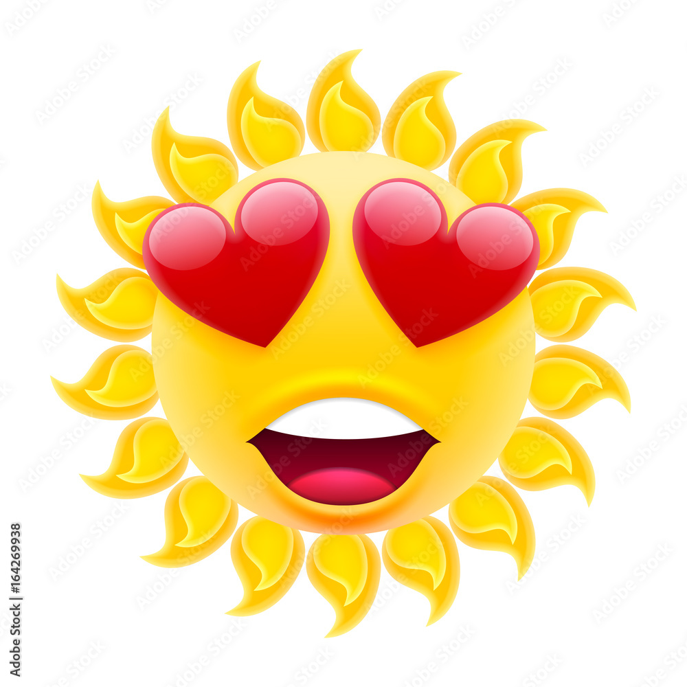 Smile in Love Emoticon Sun. Emoji with Two Hearts