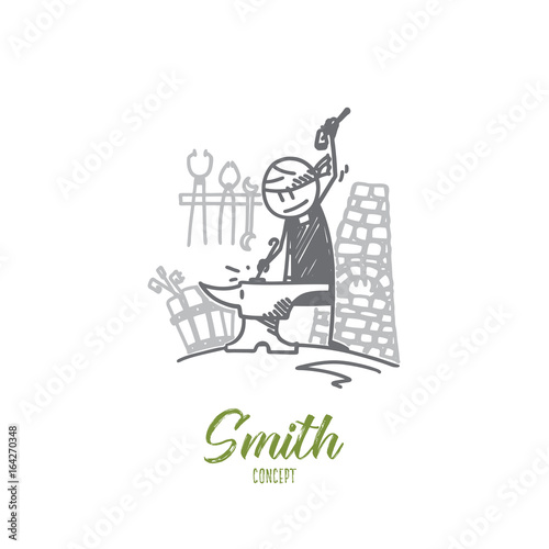 Smith concept. Hand drawn male smith near working machine. Blacksmith with a hammer near anvil isolated vector illustration.