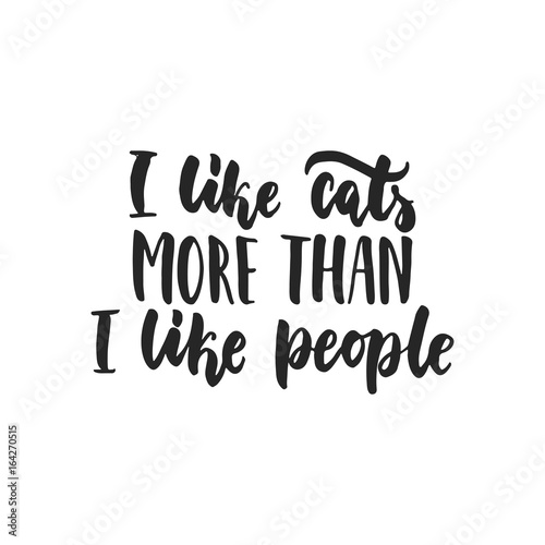 I like cats more than i like people - hand drawn dancing lettering quote isolated on the white background. Fun brush ink inscription for photo overlays, greeting card or t-shirt print, poster design.