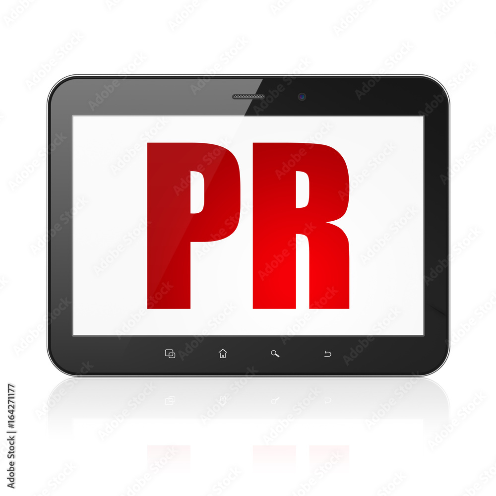 Advertising concept: Tablet Computer with PR on display Advertising concept: Tablet Computer with PR on display