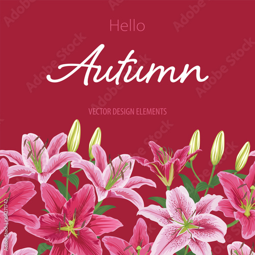 colorful lilies flower on red background. Vector set of blooming floral for wedding invitations and greeting card design.