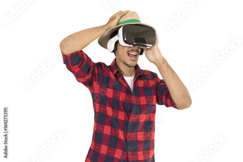 Farmer using VR virtual reality glasses simulator isolated in white background